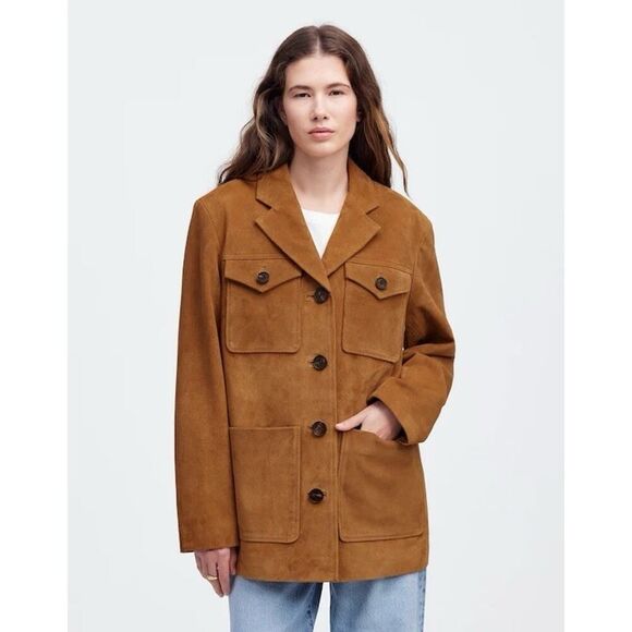 Madewell Long Chore Blazer in Suede Jacket Aged Cognac L